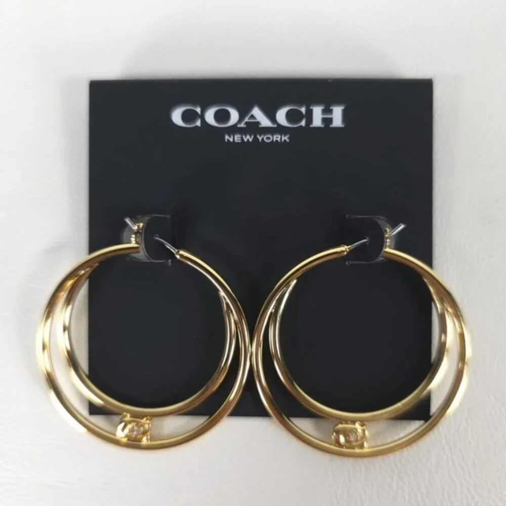NWT COACH Women's Signature Double Hoop Gold Earrings with Cubic Zirconia Detail - Picture 8 of 11